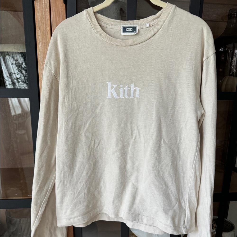 Kith logo tee long sleeve beige sand ash crewneck top oyster mushroom pullover